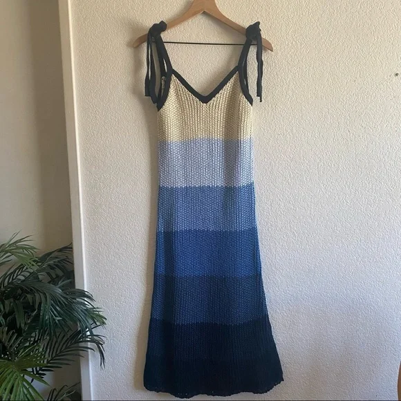 Zara Stripe Knit Midi Dress Tie Straps Blue Small - Picture 8 of 11